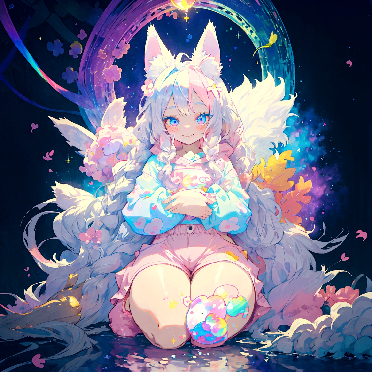 a cute adult male with wolf ears, long white hair, long locks, has a wolf tail, thick thighs, wide hips, short, wearing pink romper with a hood and pink shorts, has heart on shirt, has bunny ears on hood, very slim, showing slender tummy, squishy thighs, has glowing blue eyes. alone, solo (ALONE)(SOLO), surrounded by rainbows, colorful galaxy backround, smiling, on knees ontop of a pile of fluffy plushes, plushies everywhere, kawaii plushies, surrounded by bubbles, surrounded by rainbow leaves, thicc thighs, stretching out, hands covered, hugging plushie