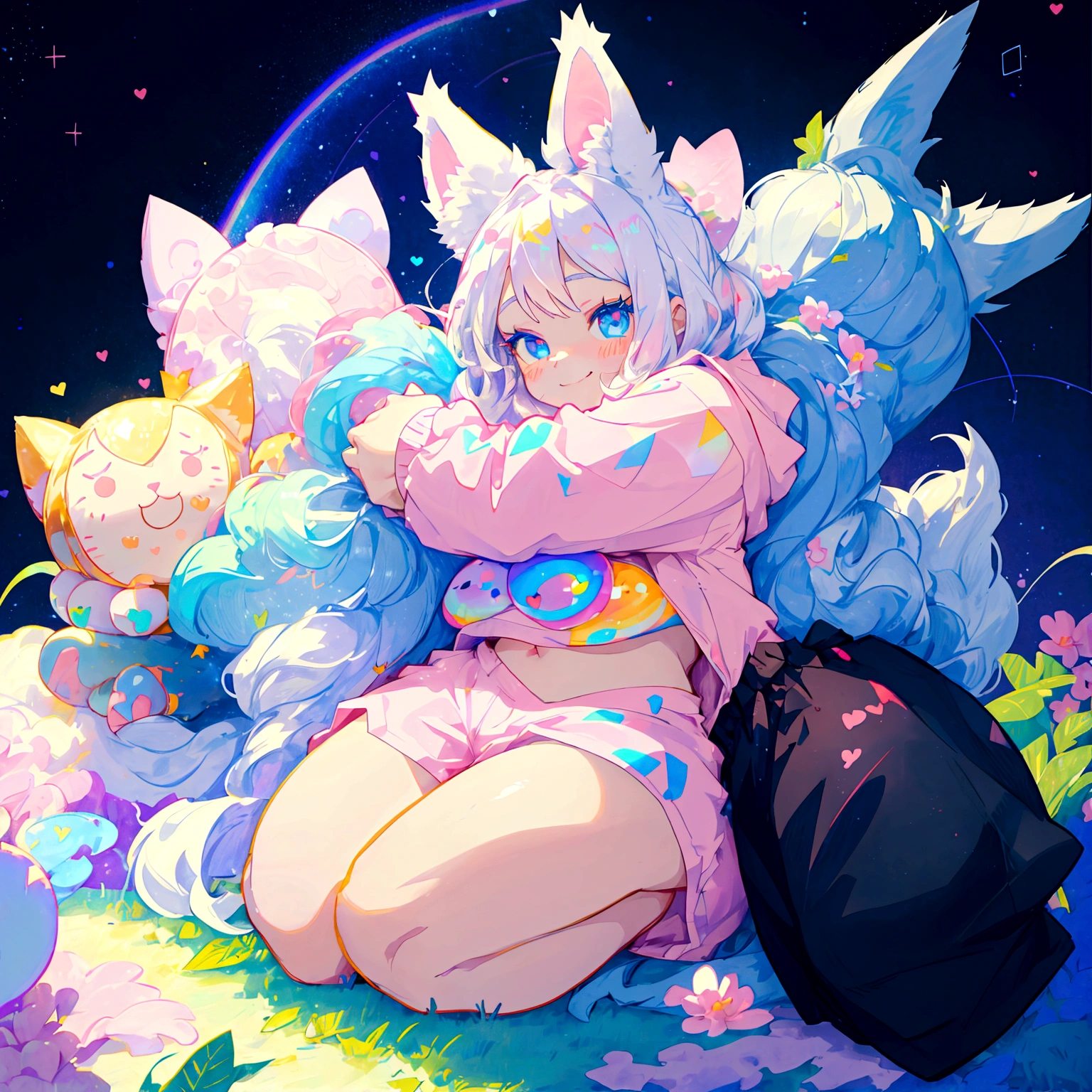 a cute adult male with wolf ears, long white hair, long locks, has a wolf tail, thick thighs, wide hips, short, wearing pink romper with a hood and pink shorts, has heart on shirt, has bunny ears on hood, very slim, showing slender tummy, squishy thighs, has glowing blue eyes. alone, solo (ALONE)(SOLO), surrounded by rainbows, colorful galaxy backround, smiling, on knees ontop of a pile of fluffy plushes, plushies everywhere, kawaii plushies, surrounded by bubbles, surrounded by rainbow leaves, thicc thighs, stretching out, hands covered, hugging plushie