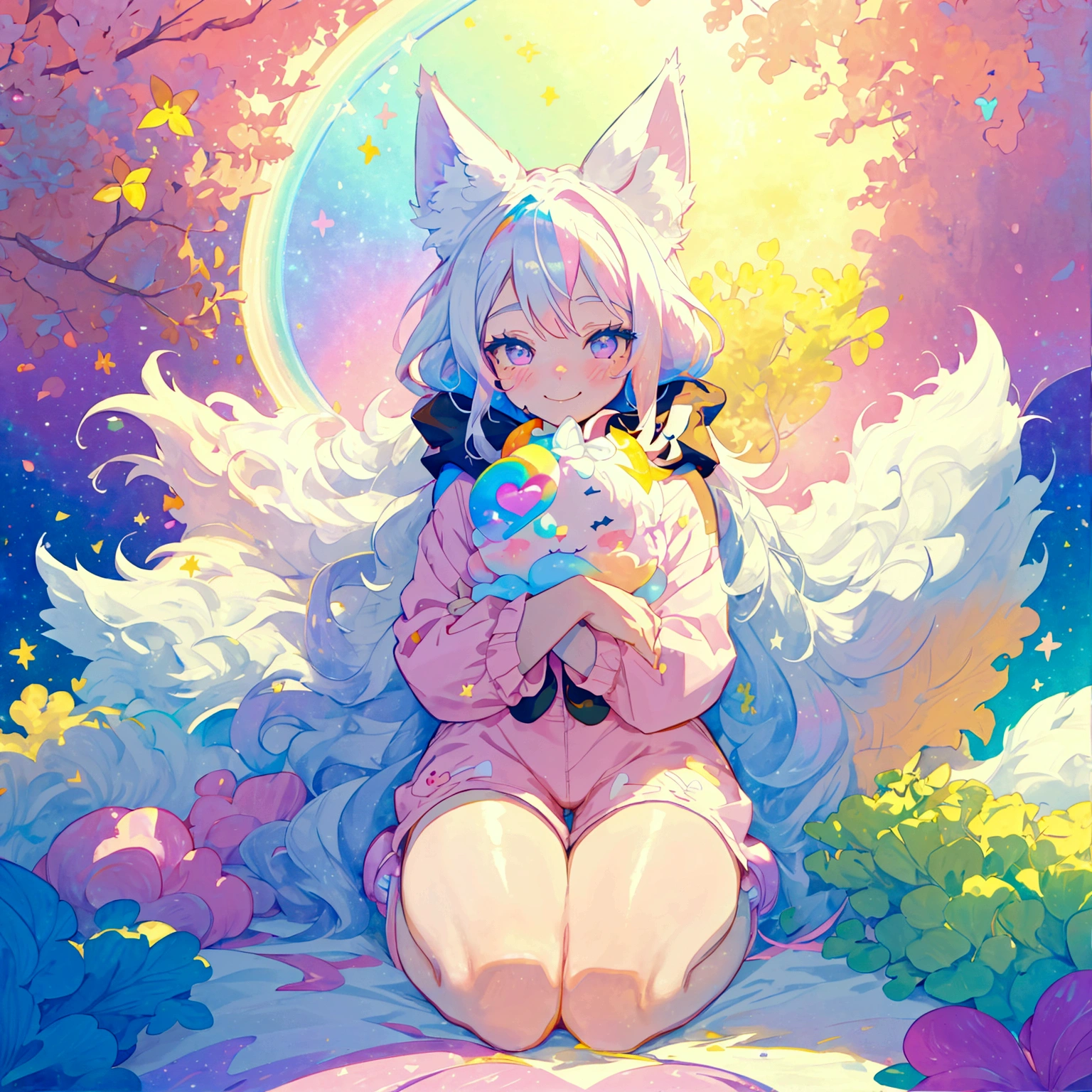 a cute adult male with wolf ears, long white hair, long locks, has a wolf tail, thick thighs, wide hips, short, wearing pink romper with a hood and pink shorts, has heart on shirt, has bunny ears on hood, very slim, showing slender tummy, squishy thighs, has glowing blue eyes. alone, solo (ALONE)(SOLO), surrounded by rainbows, colorful galaxy backround, smiling, on knees ontop of a pile of fluffy plushes, plushies everywhere, kawaii plushies, surrounded by bubbles, surrounded by rainbow leaves, thicc thighs, stretching out, hands covered, hugging plushie