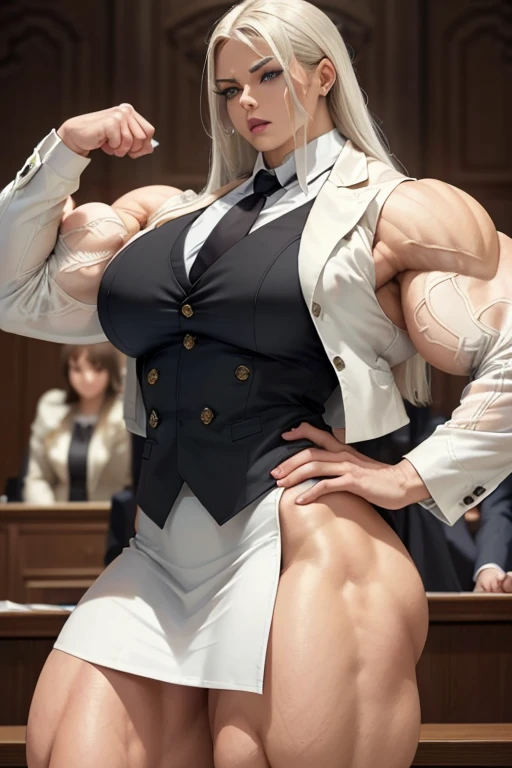 ((Massive, beautiful, buff, light brown skinned muscular woman with white hair, blue eyes, black lipstick, ginormous bulky muscles)), (((white three-piece suit))), necktie, blazer, (((white suit jacket))), (((waistcoat))), double-breasted waistcoat, (((miniskirt))), ((miniskirt)), tie clip, pocket square, pocket watch, pantyhose, high heels, (close view), (massive muscles), hyper muscles, long straight hair, in an courtroom, 