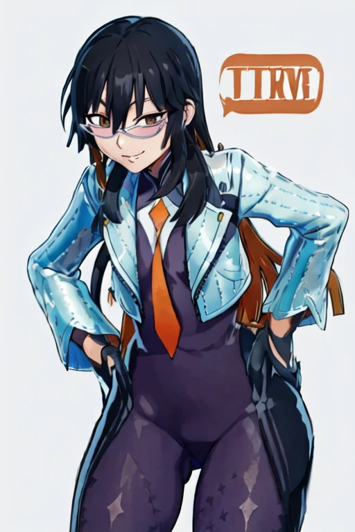 Daraku, Alone, 1girl, glasses, jacket, bodysuit, orange tie, long hair, gloves, smile, best quality, masterpiece 