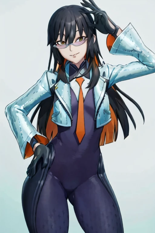 Daraku, Alone, 1girl, glasses, jacket, bodysuit, orange tie, long hair, gloves, smile, best quality, masterpiece 