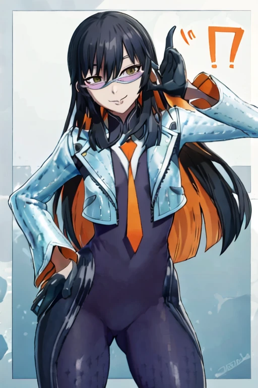Daraku, Alone, 1girl, glasses, jacket, bodysuit, orange tie, long hair, gloves, smile, best quality, masterpiece 