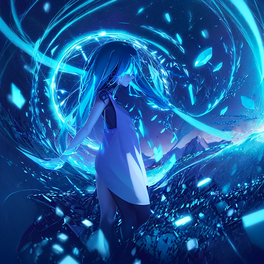 ((((ultra illustrated style:1.0)))),best quality,best animated,masterpiece,ray tracing, global illumination,blue theme, 1girl, solo, dress, glowing, fantasy, long hair, light particles, silhouette, magic, black background, scenery, Hatsune Miku,