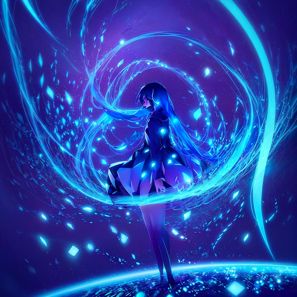 ((((ultra illustrated style:1.0)))),best quality,best animated,masterpiece,ray tracing, global illumination,blue theme, 1girl, solo, dress, glowing, fantasy, long hair, light particles, silhouette, magic, black background, scenery, Hatsune Miku,