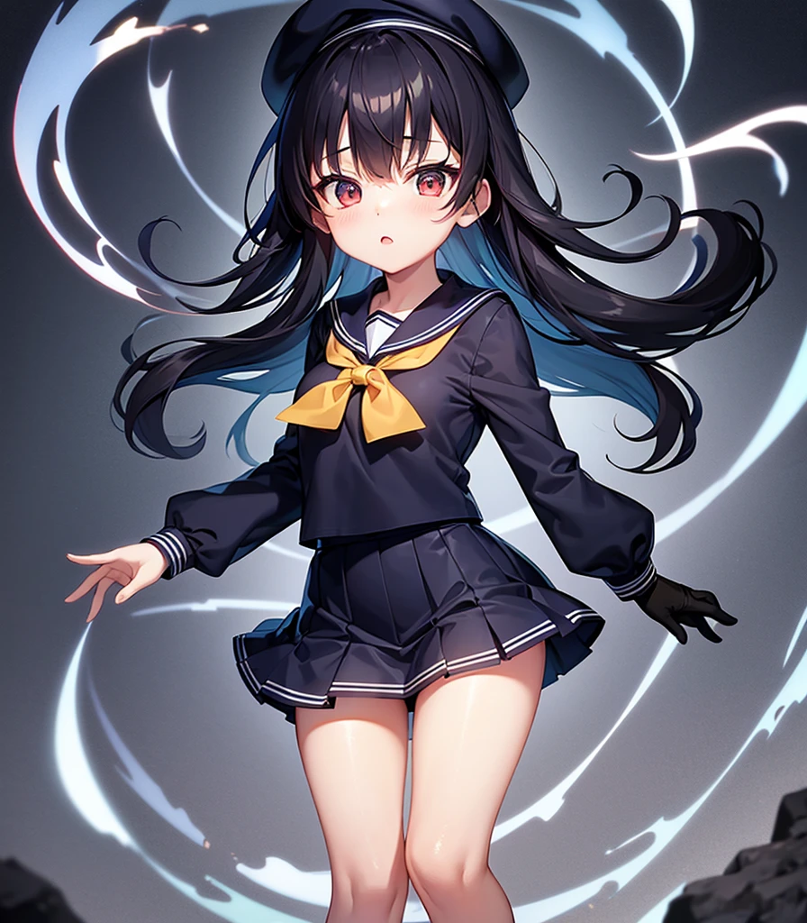 (Sailor suit),(((Navy Mini Skirt))),(Revealing clothing),In a naughty way,beret,,Cute little loli,Tiny Lori,Small girl,,Childish face, Very fine clean face,Top quality, Big eyes,Straight Hair,Yellow hair,Crimson Eye,(Dark Room), Subtle light, Natural light,Soft lighting,Light from directly behind, (Are standing), Cute pose, (Open your hands), Showing the whole body,Front view,Black background