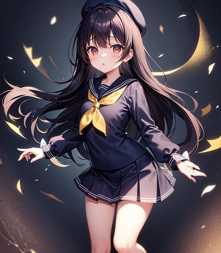 (Sailor suit),(((Navy Mini Skirt))),(Revealing clothing),In a naughty way,beret,,Cute little ,Tiny Lori,Small girl,,Childish face, Very fine clean face,Top quality, Big eyes,Straight Hair,Yellow hair,Crimson Eye,(Dark Room), Subtle light, Natural light,Soft lighting,Light from directly behind, (Are standing), Cute pose, (Open your hands), Showing the whole body,Front view,Black background