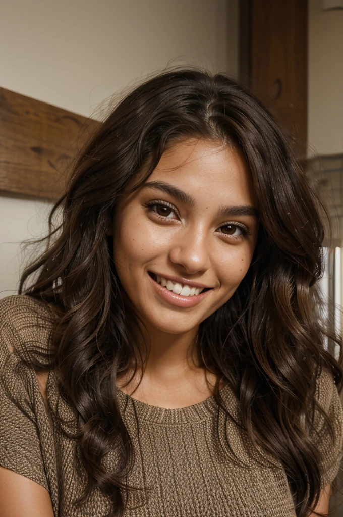 22-year-old woman, long dark brown curly hair, brown skin color, dark brown eyes, smiling, Travel clothes, Brazilian-Cornish, 8k, detailed eyes, detailed mouth, detailed teeth