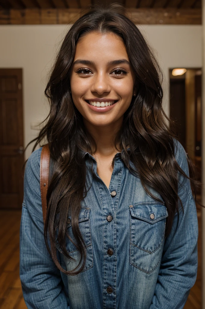 22-year-old woman, long dark brown curly hair, brown skin color, dark brown eyes, smiling, Travel clothes, Brazilian-Cornish, 8k, detailed eyes, detailed mouth, detailed teeth