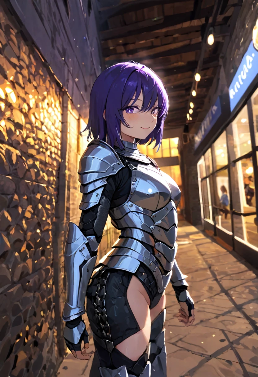 (masterpiece, top quality, best quality, beautiful and aesthetic:1.2), full body, SFW, extremely detailed, detailed face and eyes, cinematic light, depth of field, 1girl, seducing smile, solo, official, (full armored knight:1.4), dark armor, mash kyrielight, light purple hair, short hair, hair over one eye, slim body, cinematic lighting, dramatic lighting, dramatic atmosphere, hyper-realistic, high resolution, stunning contrast, high quality, best quality, 8k, 4k, intricately detailed, (amazing details:1.2), highly detailed skin, powerful presence, vibrant colors, (detailed eyes:1.2), striking eyes, (detailed background), (warzone on background, night, ruins), (dynamic angle:1.2), (dynamic pose:1.2)