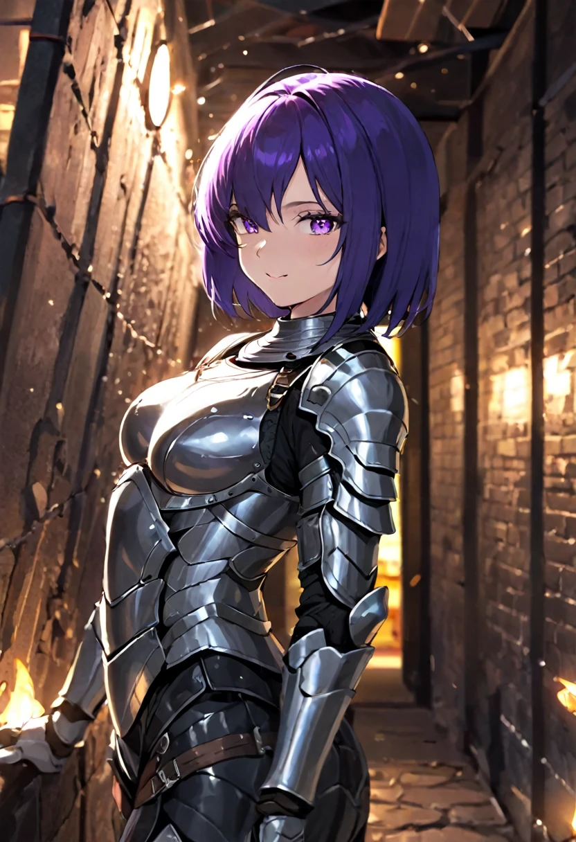 (masterpiece, top quality, best quality, beautiful and aesthetic:1.2), full body, SFW, extremely detailed, detailed face and eyes, cinematic light, depth of field, 1girl, seducing smile, solo, official, (full armored knight:1.4), dark armor, mash kyrielight, light purple hair, short hair, hair over one eye, slim body, cinematic lighting, dramatic lighting, dramatic atmosphere, hyper-realistic, high resolution, stunning contrast, high quality, best quality, 8k, 4k, intricately detailed, (amazing details:1.2), highly detailed skin, powerful presence, vibrant colors, (detailed eyes:1.2), striking eyes, (detailed background), (warzone on background, night, ruins), (dynamic angle:1.2), (dynamic pose:1.2)