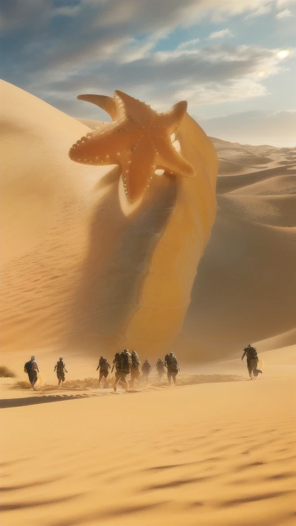A person walking on the beach with a giant starfish, sandworm, sand desert fantasy, Aliens arrive in the dunes, dune style, Somewhere in the desert, walking In the desert, Details of sand dunes, In the desert beside the gulf, Crossing the Desert, sand desert, Alien desert, In the desert, Sahara, In the dunes