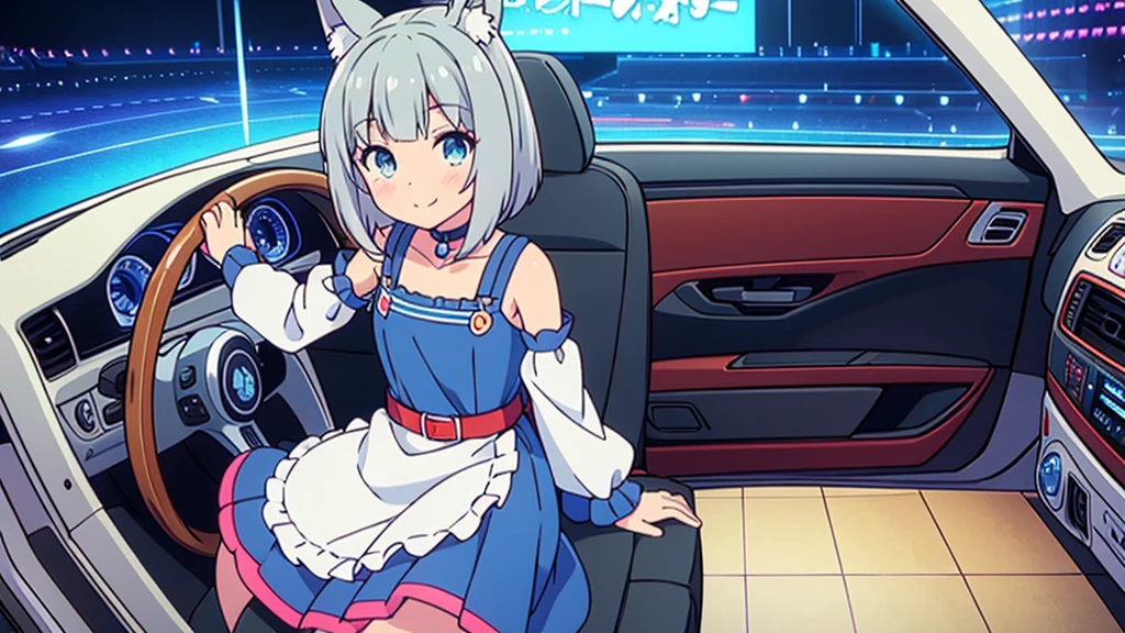 Mesa, Best Quality, Eishin Flash ,Uma Musume,A dark-haired,bob cuts,Blue eyes, SMILE, hair ornament, ear tape, white scrunchie, german clothing, Steering wheel, red choker, bare shoulders, black sleeves, wide sleeves, mangas con Steering wheels, long sleeves, separate sleeves, brown belt, White apron, waist apron, vertical striped skirt, Red skirt, falda de Steering wheels, The Great Passage, black thighs, arms behind the back, Leaning forward,Big,