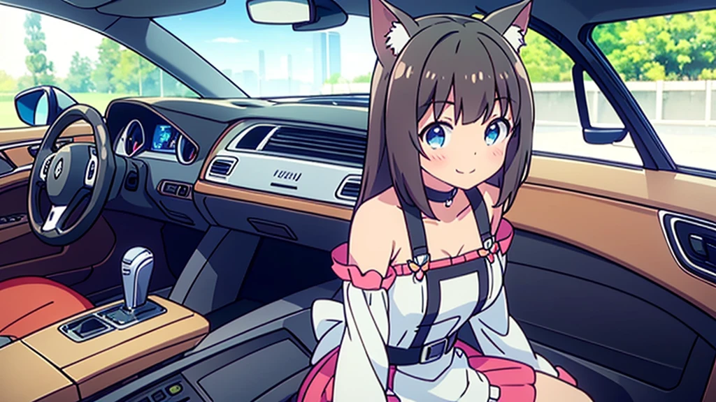 Mesa, Best Quality, Eishin Flash ,Uma Musume,A dark-haired,bob cuts,Blue eyes, SMILE, hair ornament, ear tape, white scrunchie, german clothing, Steering wheel, red choker, bare shoulders, black sleeves, wide sleeves, mangas con Steering wheels, long sleeves, separate sleeves, brown belt, White apron, waist apron, vertical striped skirt, Red skirt, falda de Steering wheels, The Great Passage, black thighs, arms behind the back, Leaning forward,Big,