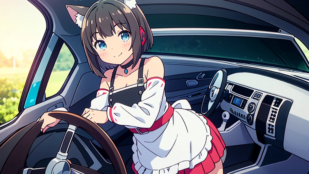 Mesa, Best Quality, Eishin Flash ,Uma Musume,A dark-haired,bob cuts,Blue eyes, SMILE, hair ornament, ear tape, white scrunchie, german clothing, Steering wheel, red choker, bare shoulders, black sleeves, wide sleeves, mangas con Steering wheels, long sleeves, separate sleeves, brown belt, White apron, waist apron, vertical striped skirt, Red skirt, falda de Steering wheels, The Great Passage, black thighs,  arms behind the back, Leaning forward,Big,