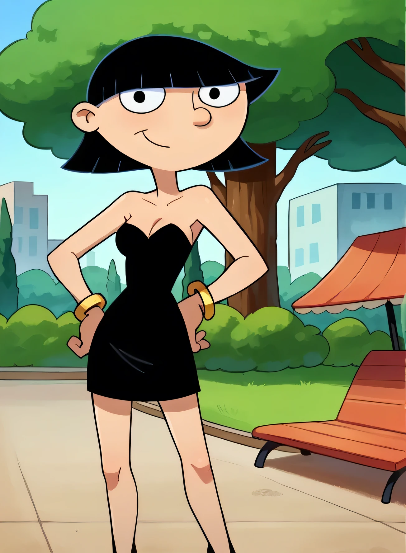 score_9_up,score_8_up,score_7_up,score_6_up,score_5_up,score_4_up BREAK rhonda, black hair, black eyes, bob cut, blunt bangs, small breast, strapless, black sweetheart dress, black pencil skirt, gold bracelet, black high heels, left hand on own hip, park, right arm at side, indoor bedroom, smile, cowboy shot, looking at viewer,