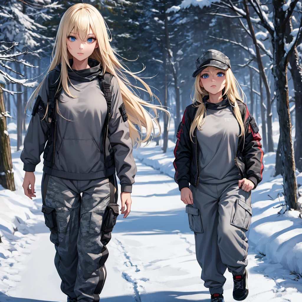 A woman wearing a gray sweatshirt, wearing military gray and white camouflage jogger pants, walking on a concrete road in a forest in the cold period, snow around, blonde hair, long hair, blue eyes, cold cap,. UHD , prime work , accurate , anatomically correct , textured skin , super details , high quality , best quality, 8k, high resolution, bokeh effect. (woman alone).standing posture.