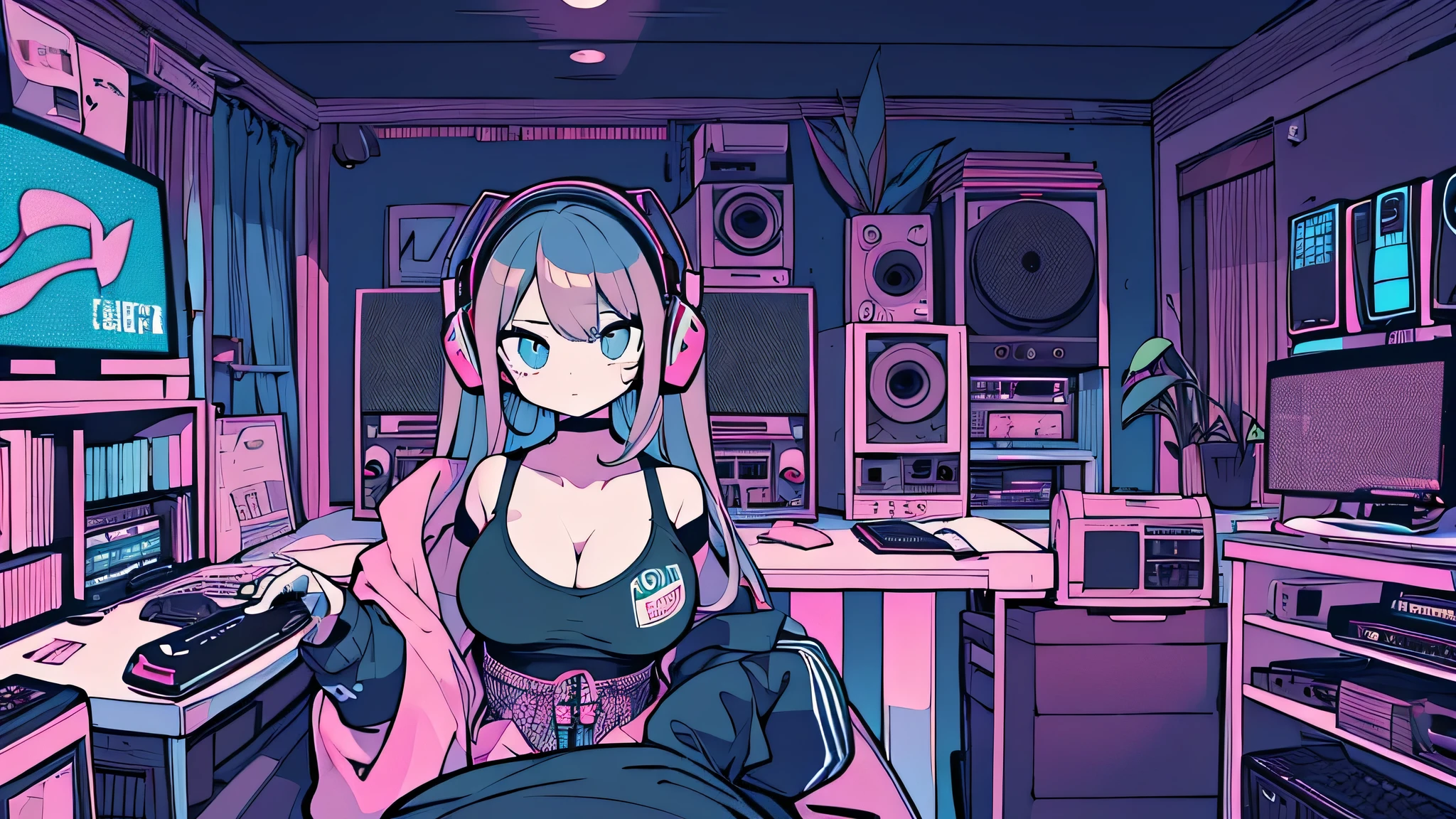 Best quality, (masterpiece), best detail face,1 girl, big breasts, 18 yo, 8k,absurdres,unity 8k wall paper,(extremely detailed:1.3), highest realistic, (retro headphones:), (soft neon light:), (psychedelic), Her room full of music equipment and plants, Light clothing in summer, See the whole room, She is leaving the room, natural color palette