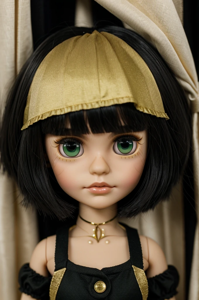 Blythe doll chica, short hair with curtain bangs and black color, green eyes with gold , slightly light skin 