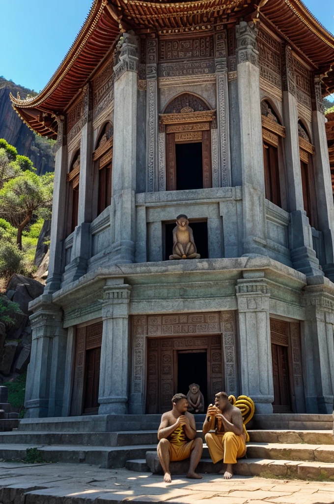 There is a beautiful temple on top of a very big mountain. Monkeys are sitting around the temple and eating lots of bananas.