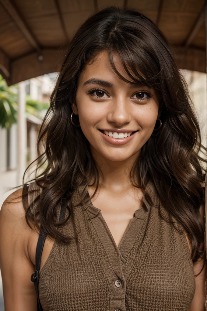 22-year-old woman, dark brown curly hair, brown skin color, dark brown eyes, smiling, Travel clothes, Brazilian-Cornish, 8k, detailed eyes, detailed mouth, detailed teeth
