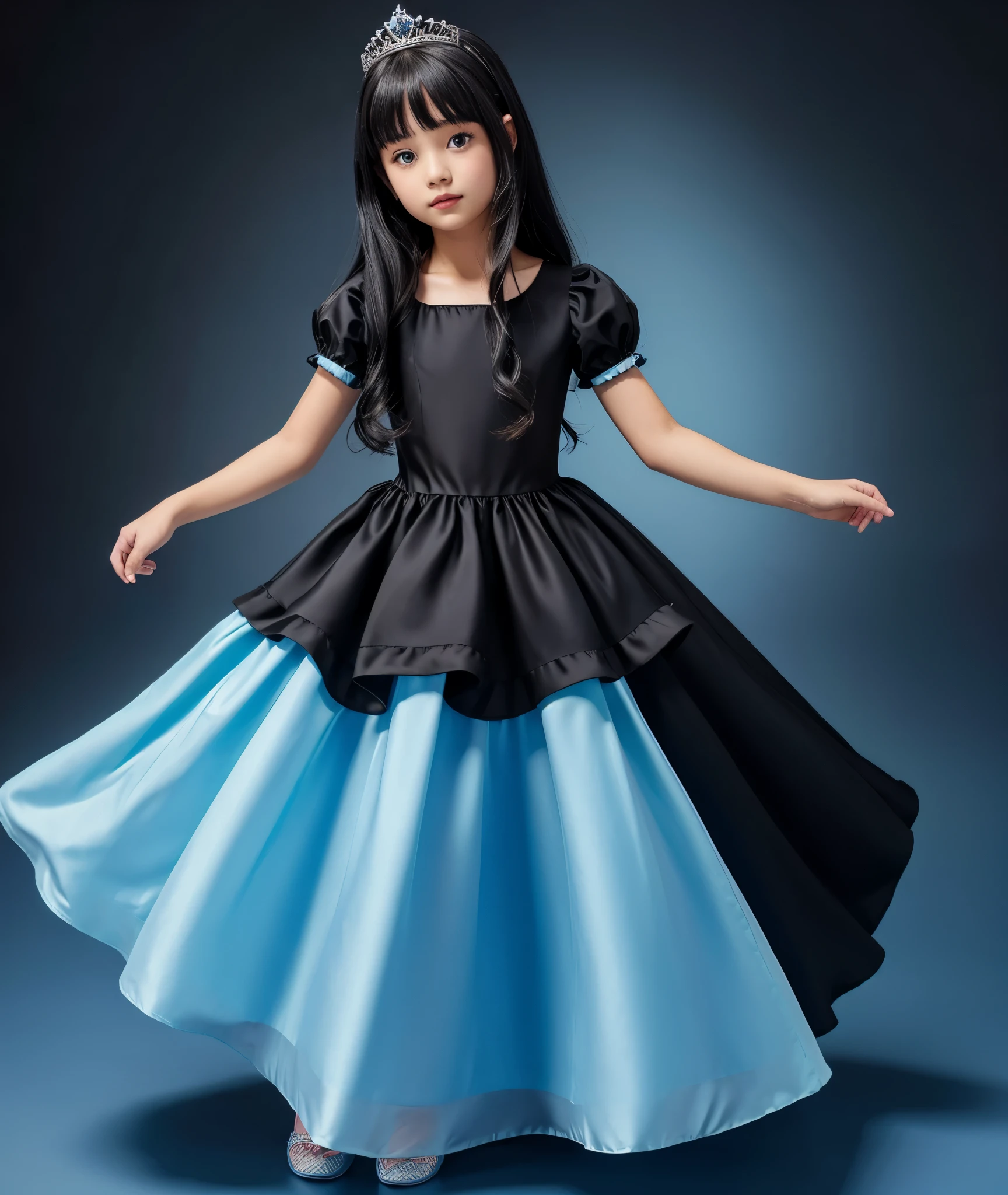 Girl princess dress in black and hair blue background water