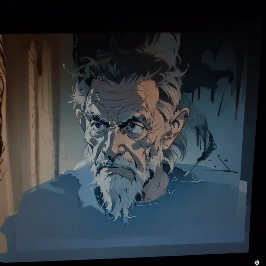 Grumpy old man, sketch, black ink