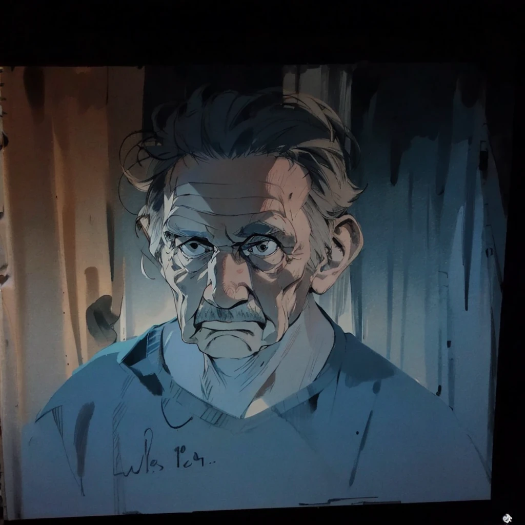Grumpy old man, sketch, black ink
