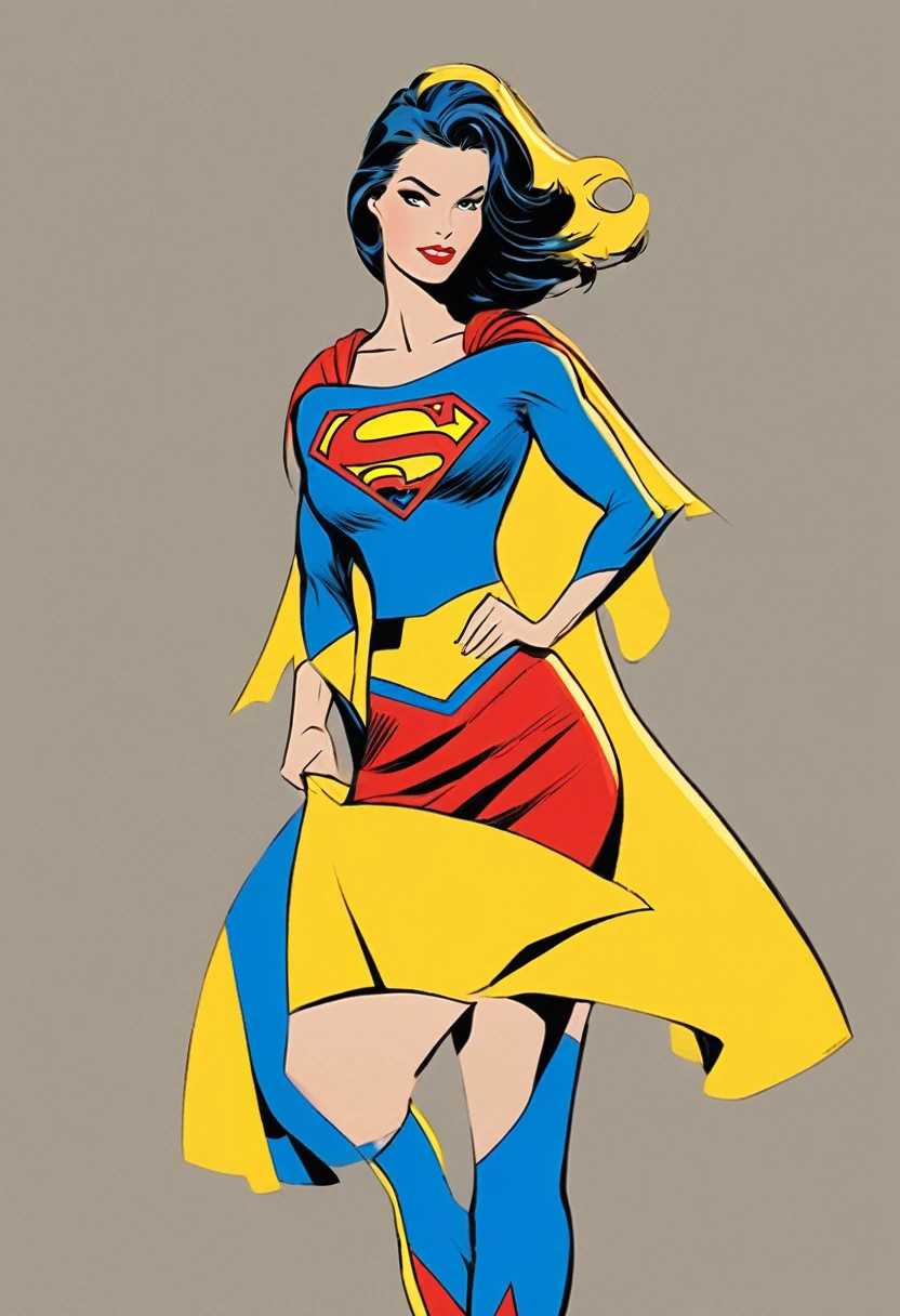 Female, Slim Super woman, comic book, super hero, Superman logo on cheat, blue and red super hero outfit, yellow skirt, strong legs