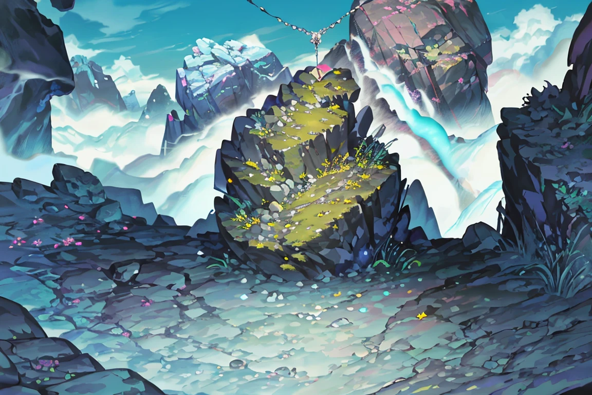 summer, rocky area, rock formation, diamond rock, diamonds stuck on the floor (illustration : 1.0), Narrative construction, realistic lighting, HD detail, masterpiece, best quality best, (Highly detailed CG integrated 8k wallpaper), rocky area, diamond pillar, diamond rocks