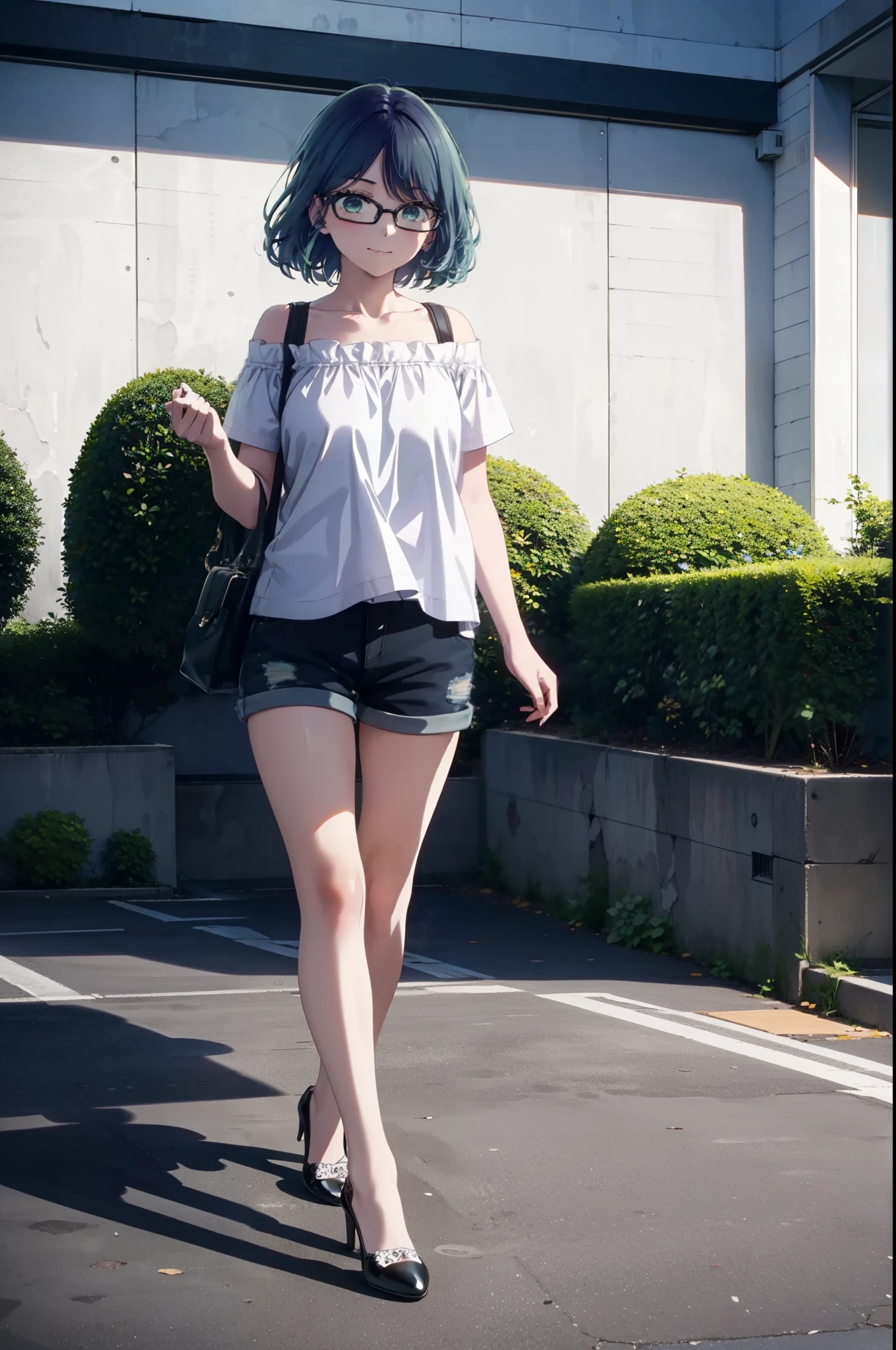akanekurokawa, akane kurokawa, bangs, (Green Eyes:1.3), Blue Hair, Medium Hair, dark Blue Hair,smile,Black-rimmed glasses,Cold shoulder tops,Short sleeve,Shorts,Stiletto heels,Walking,Daytime,Clear skies,whole bodyがイラストに入るように,
break outdoors, School,courtyard,
break looking at viewer, whole body,
break (masterpiece:1.2), Highest quality, High resolution, unity 8k wallpaper, (figure:0.8), (Beautiful attention to detail:1.6), Highly detailed face, Perfect lighting, Highly detailed CG, (Perfect hands, Perfect Anatomy),