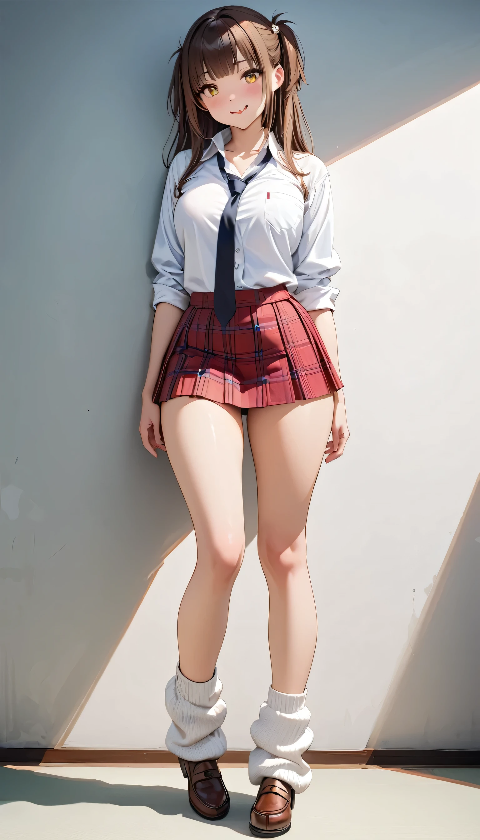 (1girl, sharp focus solo), (full body portrait image:1.4), (Masterpiece, Super photo realistic, Super details, Super Highest Quality, Super Highest photo realistic), super cute and beautiful girl, (erotic atmosphere:1.3), You are a professional photographer Photographing my girlfriend, Very Japanese gal, Wearing plaid pleat mini skirt, False eyelashes, Pearl pink glossy lips, Unbuttoned white shirt, (kawaii erotic girl:1.3), (yellow eyes:1.4), round chest, (Wider at the hem flabby large in size Super Loose Socks:1.4), (loafer), (An innocent -yeld cuJapanese girl:1.4), (skin fang:1.4), Very happy smile, Extremely Realistic, open mouth, half close eyes, slim waist, (tanned skins:1.4), slim beautiful legs), a girls incoming, black pupils, dark brown color hair style, high school gal, (torogao:1.4), dark brown hair color, two side up hair style, hair pin, (cute Asian gal:1.4), (wide stans legs standding:1.4), white bangs, shirt out over on skirt, super slim beautiful thigh legs, black long loose necktie,