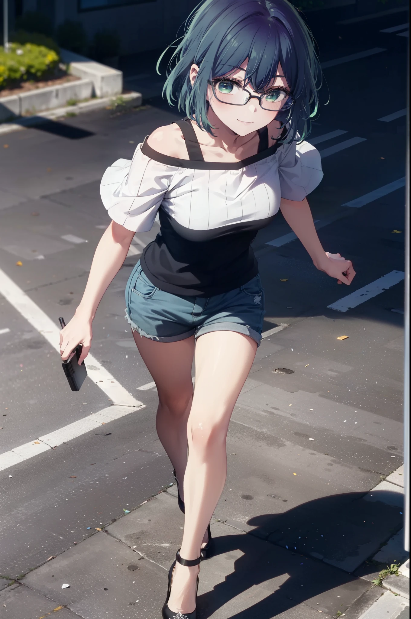 akanekurokawa, akane kurokawa, bangs, (Green Eyes:1.3), Blue Hair, Medium Hair, dark Blue Hair,smile,Black-rimmed glasses,Cold shoulder tops,Short sleeve,Shorts,Stiletto heels,Walking,Daytime,Clear skies,whole bodyがイラストに入るように,
break outdoors, School,courtyard,
break looking at viewer, whole body,
break (masterpiece:1.2), Highest quality, High resolution, unity 8k wallpaper, (figure:0.8), (Beautiful attention to detail:1.6), Highly detailed face, Perfect lighting, Highly detailed CG, (Perfect hands, Perfect ???????),