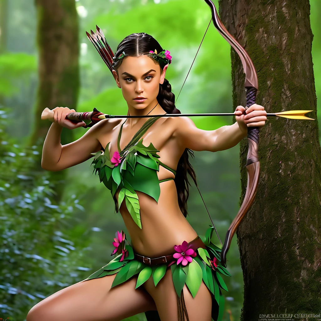A beautiful young woman (Mila Kunis 25) with piercing eyes, delicate features, and waist length flowing dark hair with colorful flowers braided in, playing an elf in a naturalistic forest setting, wearing a fig leaf bikini and wielding a handcrafted bow and crude natural arrows, firing at goblin-shaped targets hanging from the trees, masterpiece, ultra-detailed, hyper-realistic, dramatic lighting, vivid colors, cinematic composition