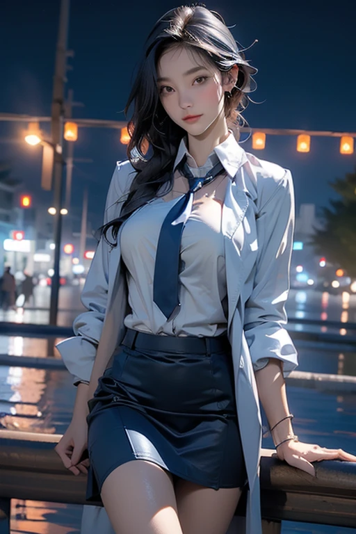 modest breasts, Navy blue tie, Navy blue skirt, Light blue shirt, Idol carving, Waterside, wet,Naked trench coat (Huge breasts:1.2),wet skin((rogue))cool atmosphere