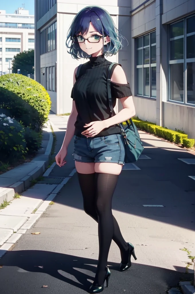 akanekurokawa, akane kurokawa, bangs, (Green Eyes:1.3), Blue Hair, Medium Hair, dark Blue Hair,smile,Black-rimmed glasses,Cold shoulder tops,Short sleeve,Shorts,Stiletto heels,Walking,Daytime,Clear skies,whole bodyがイラストに入るように,
break outdoors, School,courtyard,
break looking at viewer, whole body,
break (masterpiece:1.2), Highest quality, High resolution, unity 8k wallpaper, (figure:0.8), (Beautiful attention to detail:1.6), Highly detailed face, Perfect lighting, Highly detailed CG, (Perfect hands, Perfect Anatomy),