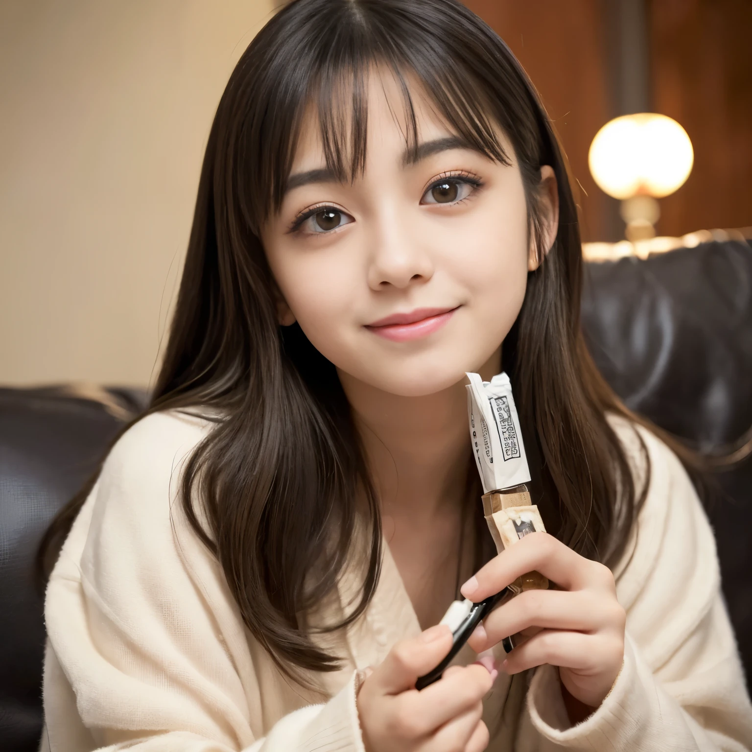 (Best-quality, Masterpiece, Ultra-High-Resolution, (Photorealistic:1.4), Raw Photo, depth of field, professional lighting, perfect anatomy, extremely details), 1girl, 15-years-old, the most famous Japanese idol, (extremely cute face like the most popular Japanese idol, ((extremely cute and extremely big eyes)), extremely beautiful hair, extremely beautiful skins), extremely cute long-eyelashes, extremely cute lips,
sitting on sofa in private-room,
wearing extremely sloopy pajamas,
((((ingested large amounts of illegal-drugs, (absolutely ecstatic):1.3))))
