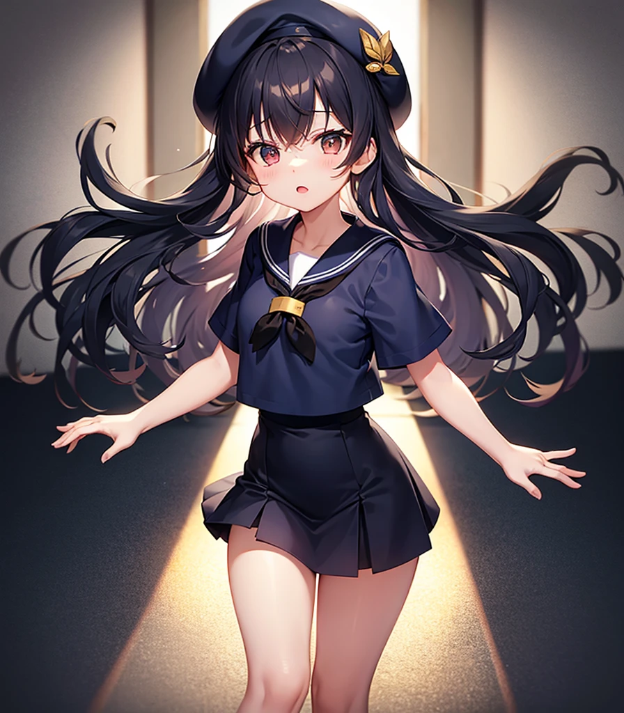 (Sailor suit),(((Navy Mini Skirt))),(Revealing clothing),In a naughty way,beret,,Cute little loli,Tiny Lori,Small girl,,Childish face, Very fine clean face,Top quality, Big eyes,Straight Hair,Yellow hair,Crimson Eye,(Dark Room), Subtle light, Natural light,Soft lighting,Light from directly behind, (Are standing), Cute pose, (Open your hands), Showing the whole body,Front view,Black background