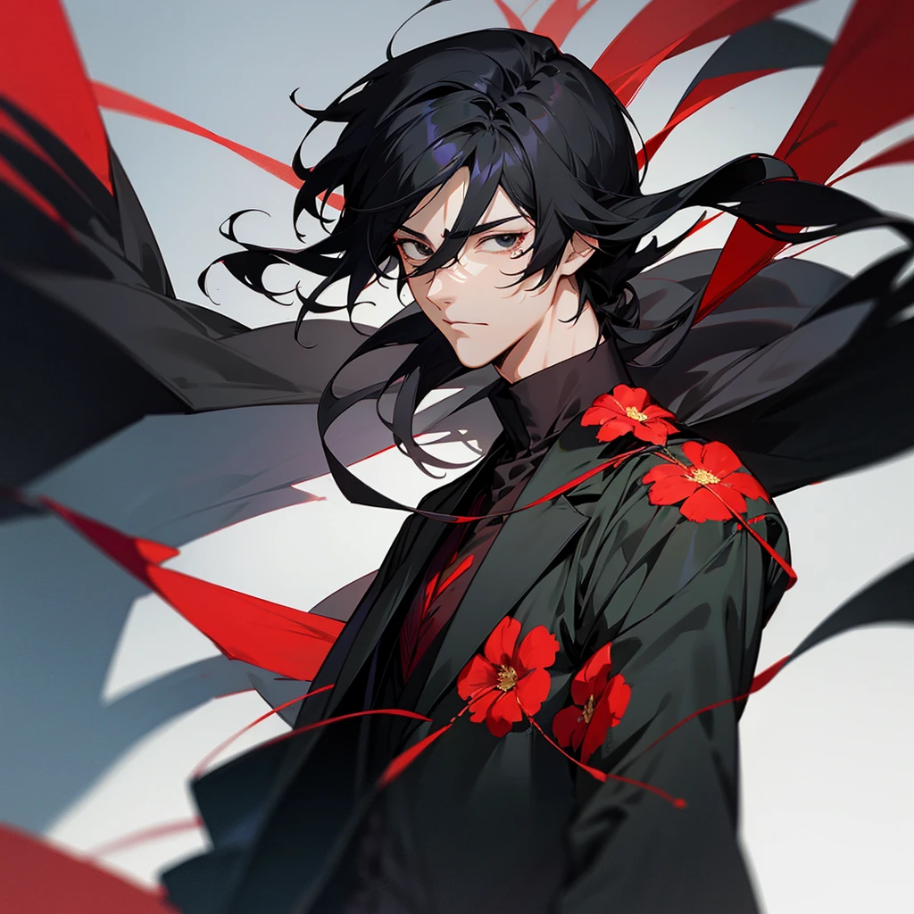 anime characters, a handsome man, black hair, wearing black and red clothes, has a flower tattoo on his neck, calm face, black eyes, wearing a necklacle