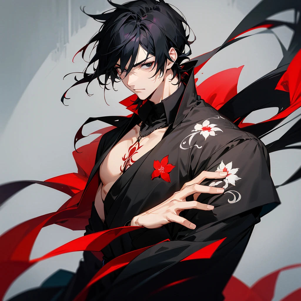 anime characters, a handsome man, black hair, wearing black and red clothes, has a flower tattoo on his neck, calm face, black eyes, wearing a necklacle