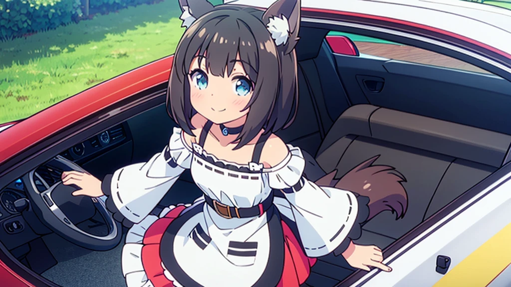 Mesa, Best Quality, Eishin Flash ,Uma Musume,A dark-haired,bob cuts,Blue eyes, SMILE, hair ornament, ear tape, white scrunchie, german clothing, Steering wheel, red choker, bare shoulders, black sleeves, wide sleeves, mangas con Steering wheels, long sleeves, separate sleeves, brown belt, White apron, waist apron, vertical striped skirt, Red skirt, falda de Steering wheels, The Great Passage, black thighs, arms behind the back, Leaning forward,Big,