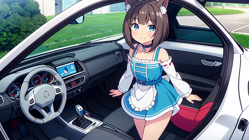 Mesa, Best Quality, Eishin Flash ,Uma Musume,A dark-haired,bob cuts,Blue eyes, SMILE, hair ornament, ear tape, white scrunchie, german clothing, Steering wheel, red choker, bare shoulders, black sleeves, wide sleeves, mangas con Steering wheels, long sleeves, separate sleeves, brown belt, White apron, waist apron, vertical striped skirt, Red skirt, falda de Steering wheels, The Great Passage, black thighs,  arms behind the back, Leaning forward,Big,