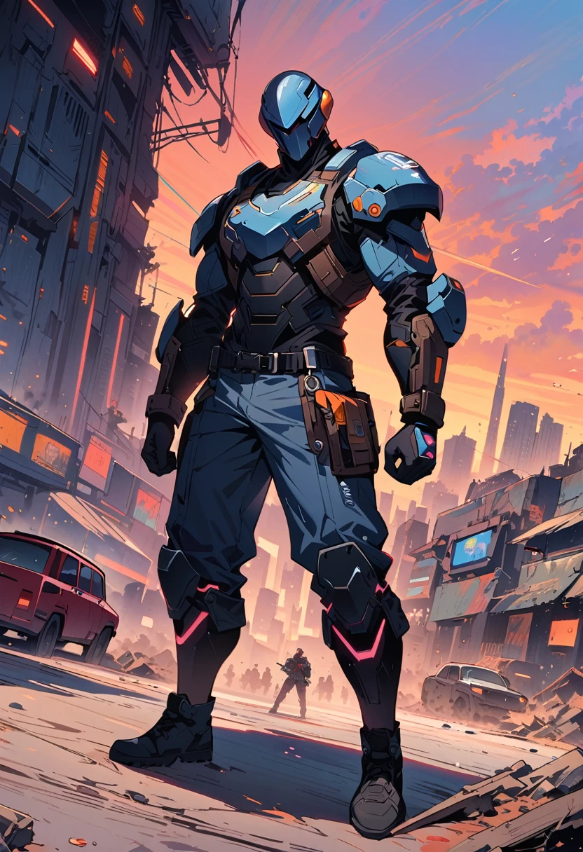 masterpiece, best quality, 1guy, futuristic pugilist, military gear, tech armor, guantlets, dystopian fantasy themepark, techwear/cyberpunk, urban fantasy, anime, no helmet, war-torn clothing