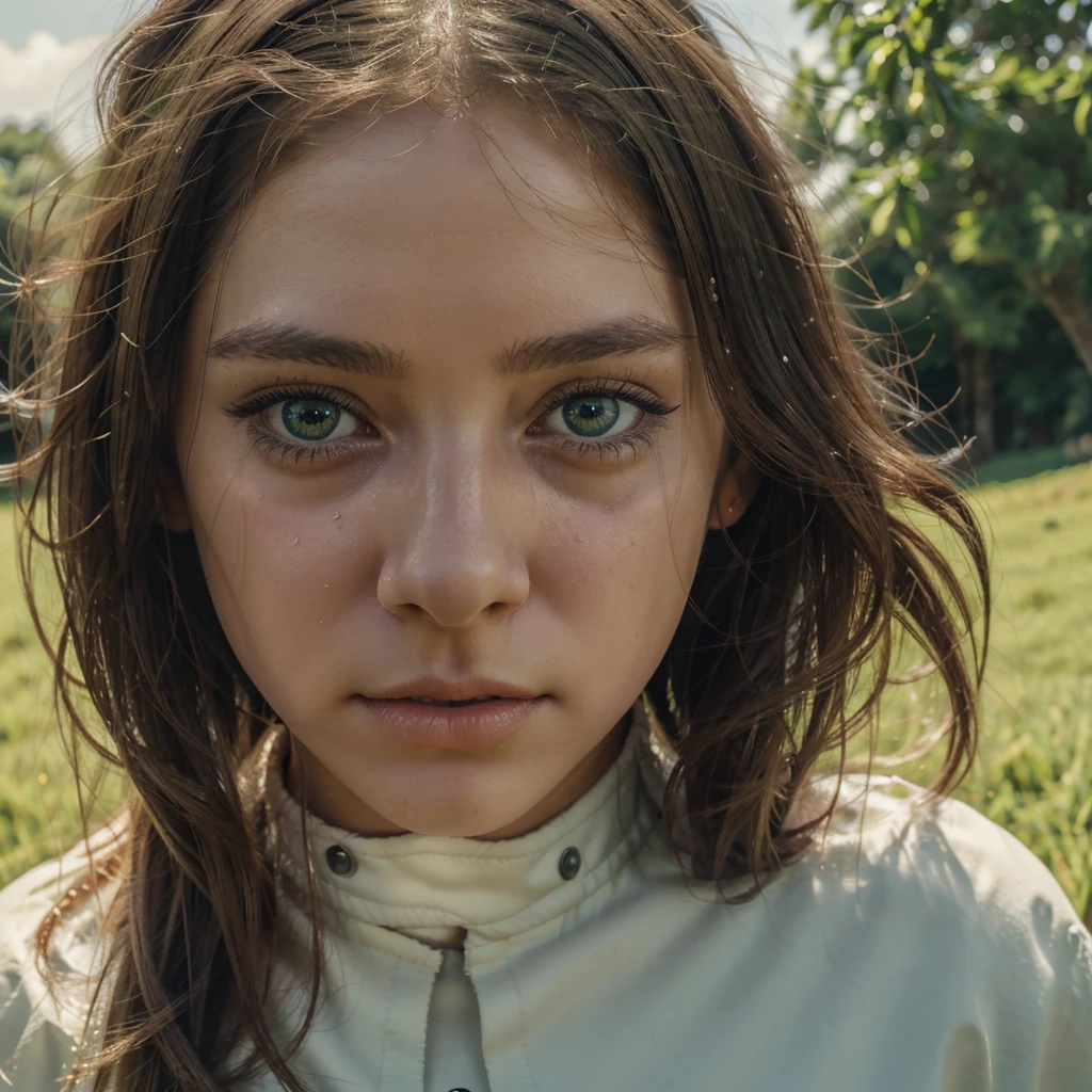 a young girl named Frieren crying while staring at a large lush green grassfield, beautiful detailed eyes, beautiful detailed lips, extremely detailed face, longeyelashes, emotional expression, peaceful countryside landscape, rolling hills, vibrant colors, dramatic lighting, photorealistic, 4k, highly detailed, masterpiece
