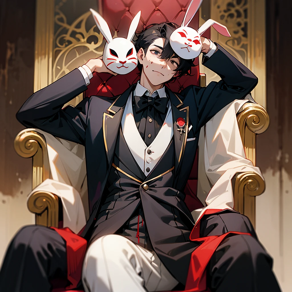 man with wearing a bunny mask sitting in a throne, blood splatter, tuxedo, stained in blood