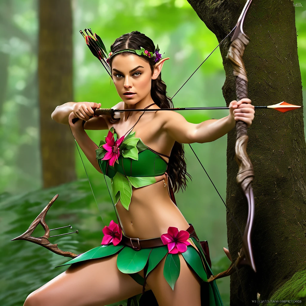 A beautiful young woman (Mila Kunis 25) with piercing eyes, delicate features, and waist length flowing dark hair with colorful flowers braided in, playing an elf in a naturalistic forest setting, wearing a fig leaf bikini and wielding a handcrafted bow and crude natural arrows, firing at goblin-shaped targets hanging from the trees, masterpiece, ultra-detailed, hyper-realistic, dramatic lighting, vivid colors, cinematic composition