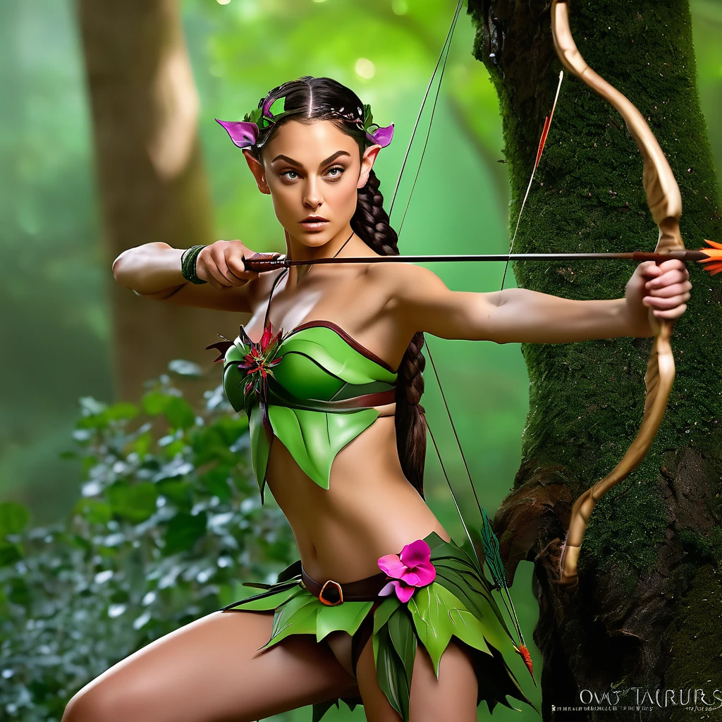 A beautiful young woman (Mila Kunis 25) with piercing eyes, delicate features, and waist length flowing dark hair with colorful flowers braided in, playing an elf in a naturalistic forest setting, wearing a fig leaf bikini and wielding a handcrafted bow and crude natural arrows, firing at goblin-shaped targets hanging from the trees, masterpiece, ultra-detailed, hyper-realistic, dramatic lighting, vivid colors, cinematic composition
