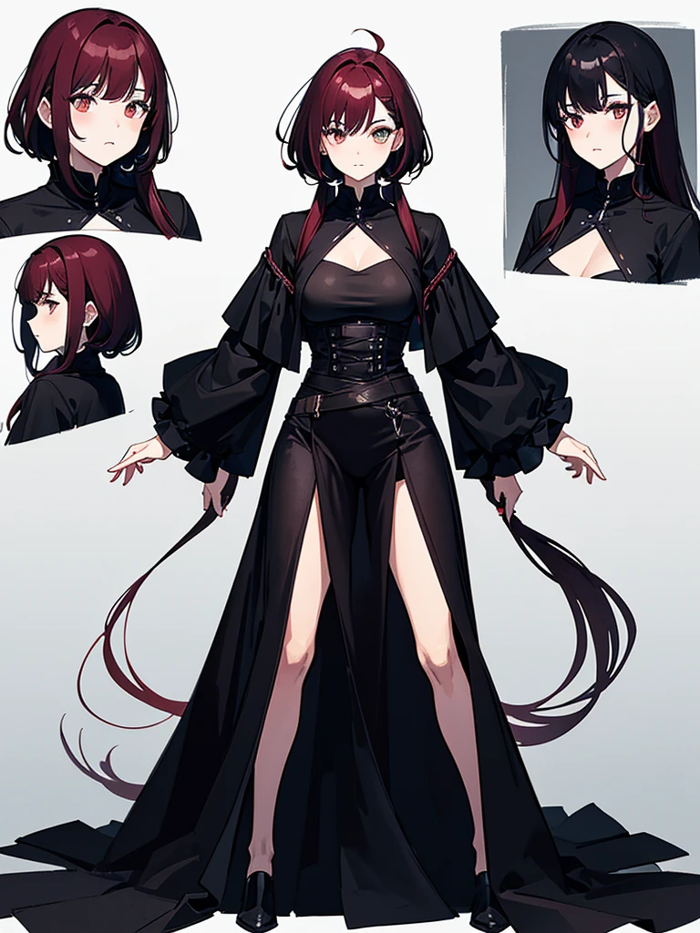 Black top and bottom clothes, Skin hides, I was wearing long pants,cool,Dressed in a black robe, Toned body, Wine red hair, one big woman,Updo, Nervous,Cowboy Shot, sketch (Character design sheet, same characters, whole body, Three-View, front, ~ ~ ~ side, return),(Very bright:1.1), White Background, [1 Girl:7], (Tilt your head:1.2), ([sketch|watercolor \(Moderate\)]:1.15), (Ink blotches:1.1), (pale:1.2), Chaotic Abstract Background, Vector Trace, Gradient Blending, Bright colors, that&#39;wonderful, Very detailed, Complex, (Very low contrast:1.4)