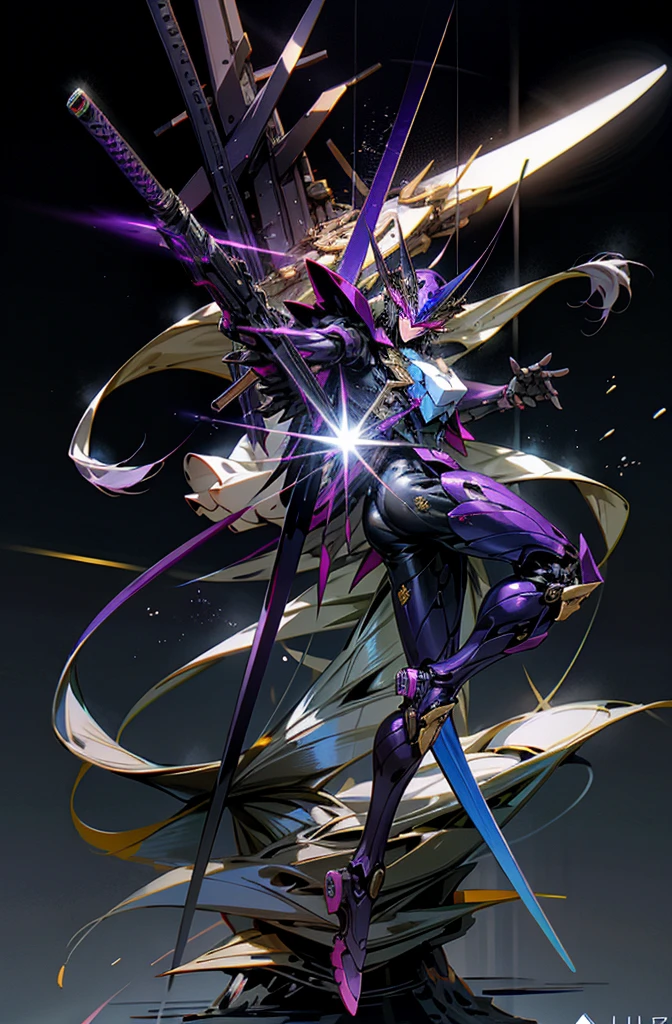 Bokeh, attack, concise, 8k wallpaper, robot, eyes glowing cross blue, mecha, Dapeng spreading its tail, holding a gun aiming at the target, purple, cobra Gundam, animal Gundam, look at camera, half body, ((beast))