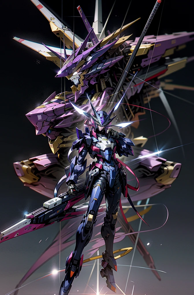 Bokeh, attack, concise, 8k wallpaper, robot, eyes glowing cross blue, mecha, Dapeng spreading its tail, holding a gun aiming at the target, purple, cobra Gundam, animal Gundam, look at camera, half body, ((beast))
